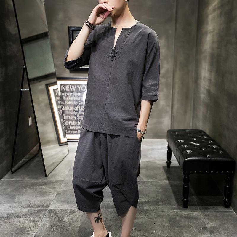 

Мужской летний костюм в китайском стиле, футболка из хлопка и льна и укороченные брюки XL 60-67.5kg темно-серого