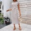 Elegantes Taillenband Gestreiftes Kleid Kurzärmelig Rundhals Schlanke Passform Lässig Sommerkleid Party Bodycon Damen Schnürung Bedruckte Kleidung