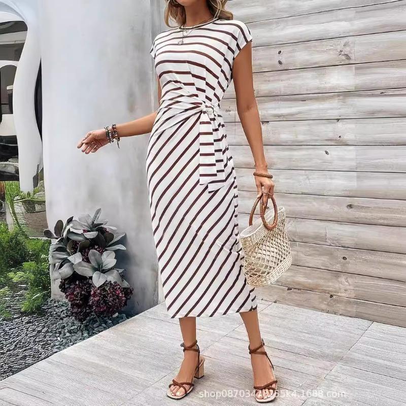 Elegantes Taillenband Gestreiftes Kleid Kurzärmelig Rundhals Schlanke Passform Lässig Sommerkleid Party Bodycon Damen Schnürung Bedruckte Kleidung