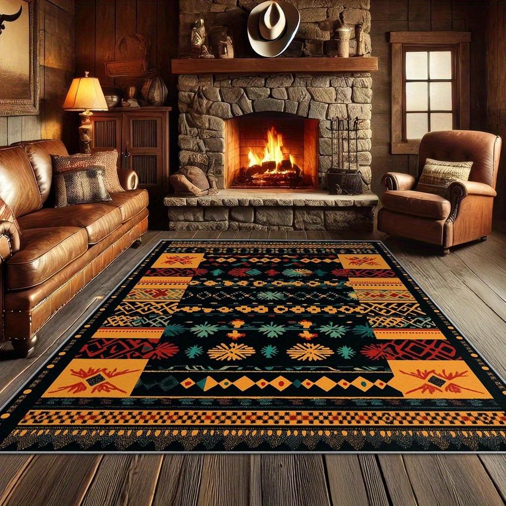 Southwestern Tribal Area Mat - Aztec Geometric Pattern Machine Washable Non-Slip  Polyester Mat, Vibrant Bohemian Decor for