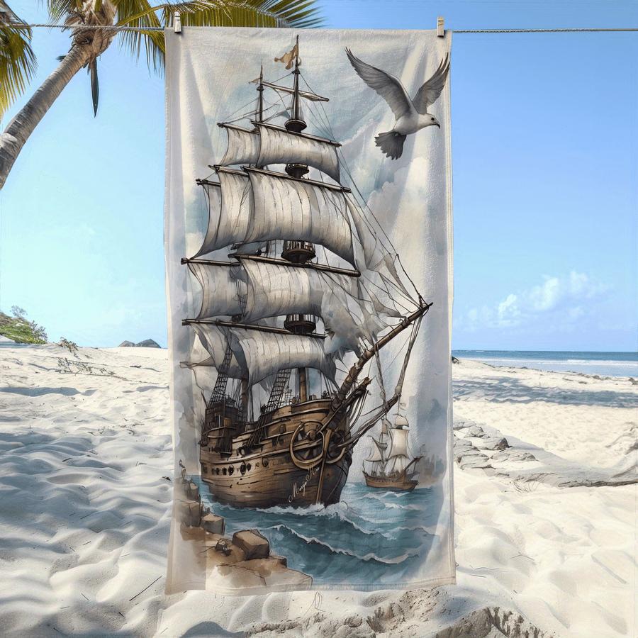 

Sailboat Print Sand-Resistant Microfiber Beach Towel, Quick-Dry High Absorbency for Swimming Camping W30*H60(CM)