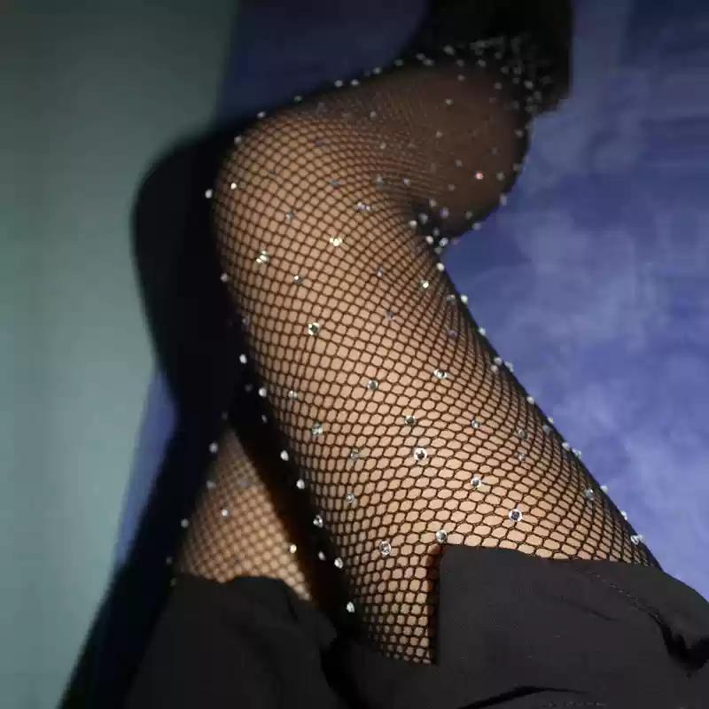 Rhinestone Pantyhose Women Lingerie Sexy Lace Mesh Fishnet Stockings Women Tights Diamond Shiny Nightclub Pantyhose Tights Women