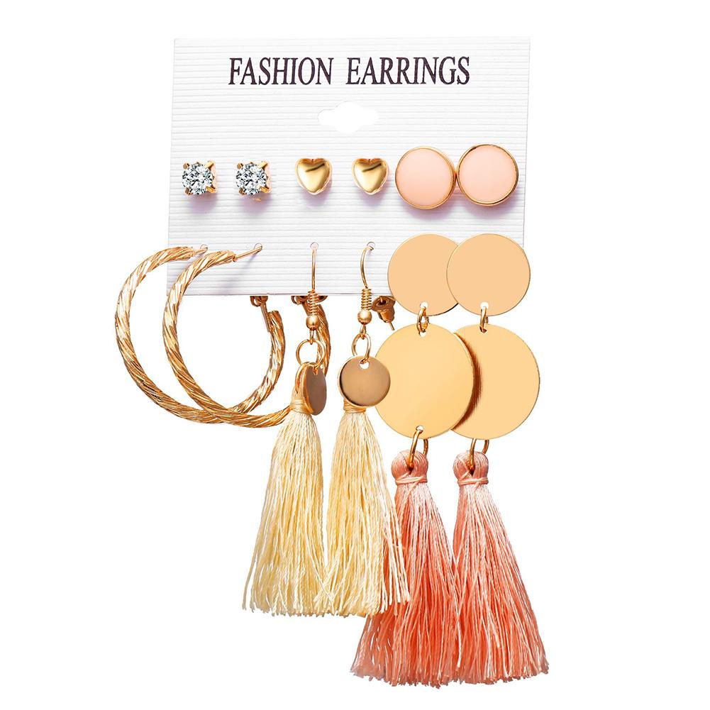 6 pairs Women Fashionable Bohemian Tassels Romantic Earrings Flower Pattern Earrings
