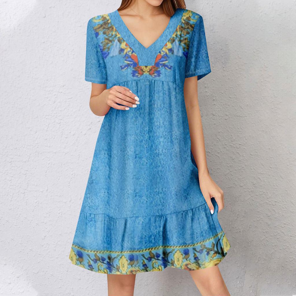 Womens Summer Dress Short Sleeve V Neck Short Dresses Fashion Casual Flowy Boho Ruffle A Line Swing Sundress