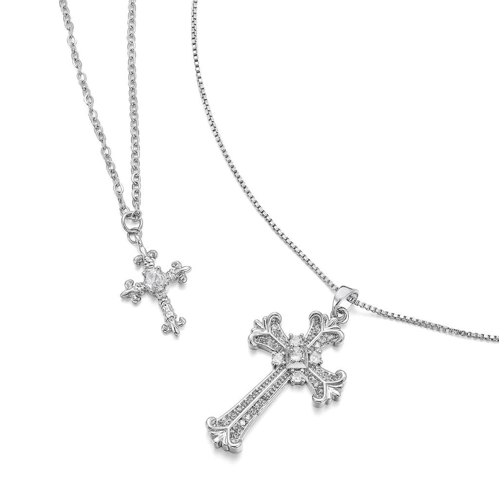 Women's Double Layer Zirconium Cross Pendant Necklace - Titanium Steel Stackable Clavicle & Sweater Chain Accessory