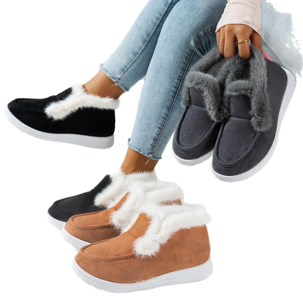 Ladies Slip on Comfortable Ankle Boots Women Winter Warm Plush Fur Snow Boots Suede Shoes