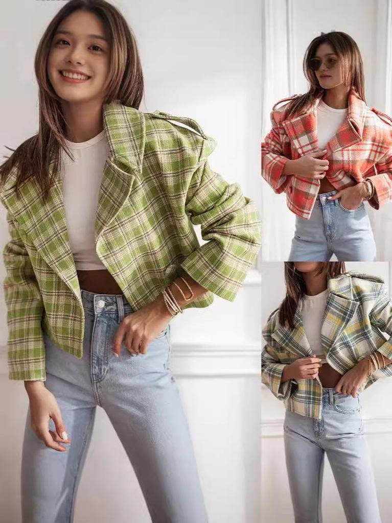 Autumn Plaid Woolen Lapel Jacket - British Style Cropped Design