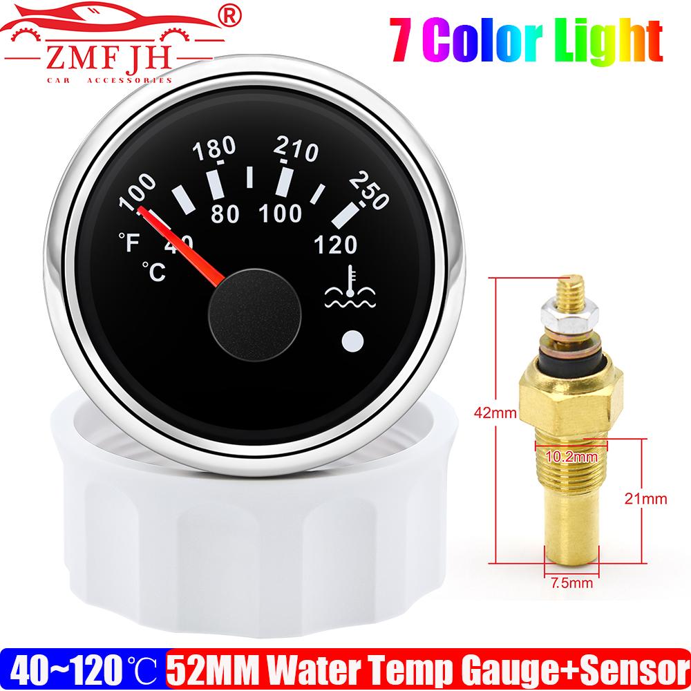 40-120℃,100-250℉ 52MM Water Temperature Gauge With Flashing Alarm Temp Sensor 10.2MM for Auto Car Boat Yacht 7 Color Light