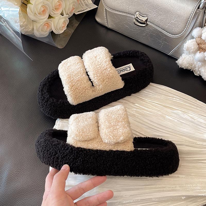Thick-bottomed fluffy slippers for women's outer wear, one-word velvet to keep warm and increase height, autumn and winter 2025 new mink wool cotton s