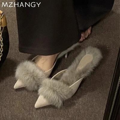 Klapki damskie na wysokim obcasie z futerkiem, seksowne, luksusowe buty damskie, trend 2024, zimowe, eleganckie japonki, nowe czółenka Mujer, klapki