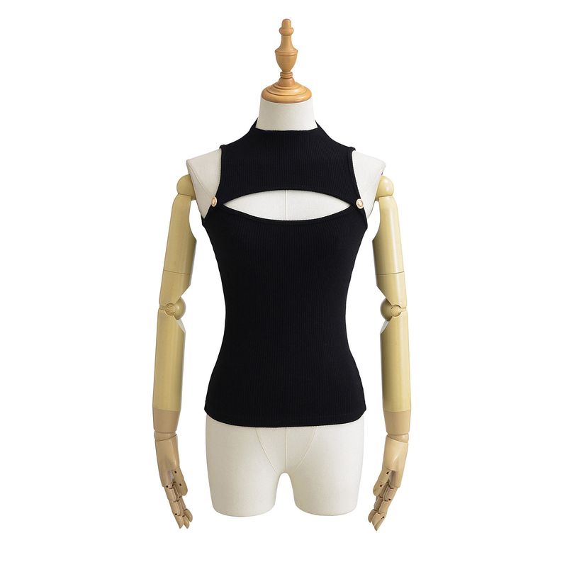 Hot Girl Sexy Slim-Fit Half-High Collar Sleeveless Knitted Top with Chest Cutouts, Women's Tight-Fitting Slimming Knitted Vest