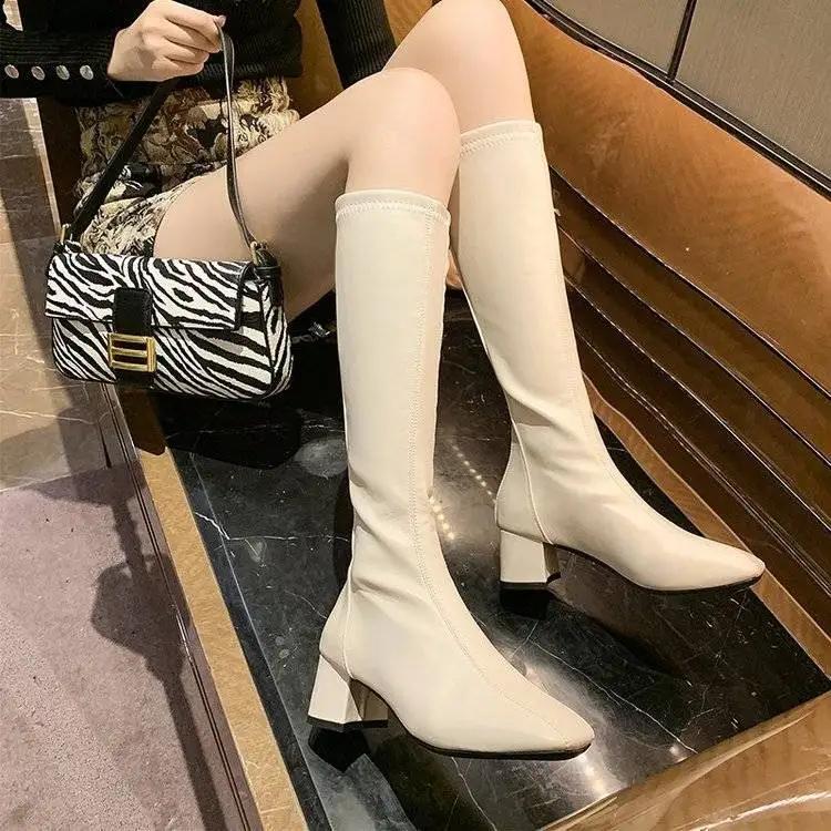 Fashion Square Toe Women's Long Boots Quality Leather Pu New Rock Spring 2024 Ladies Knee High Shaft Shoes on Promotion Demi-season Work