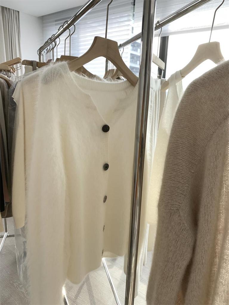 Women's Thickened White Cashmere Sweater - Pure Wool Brushed Long Hair Cardigan