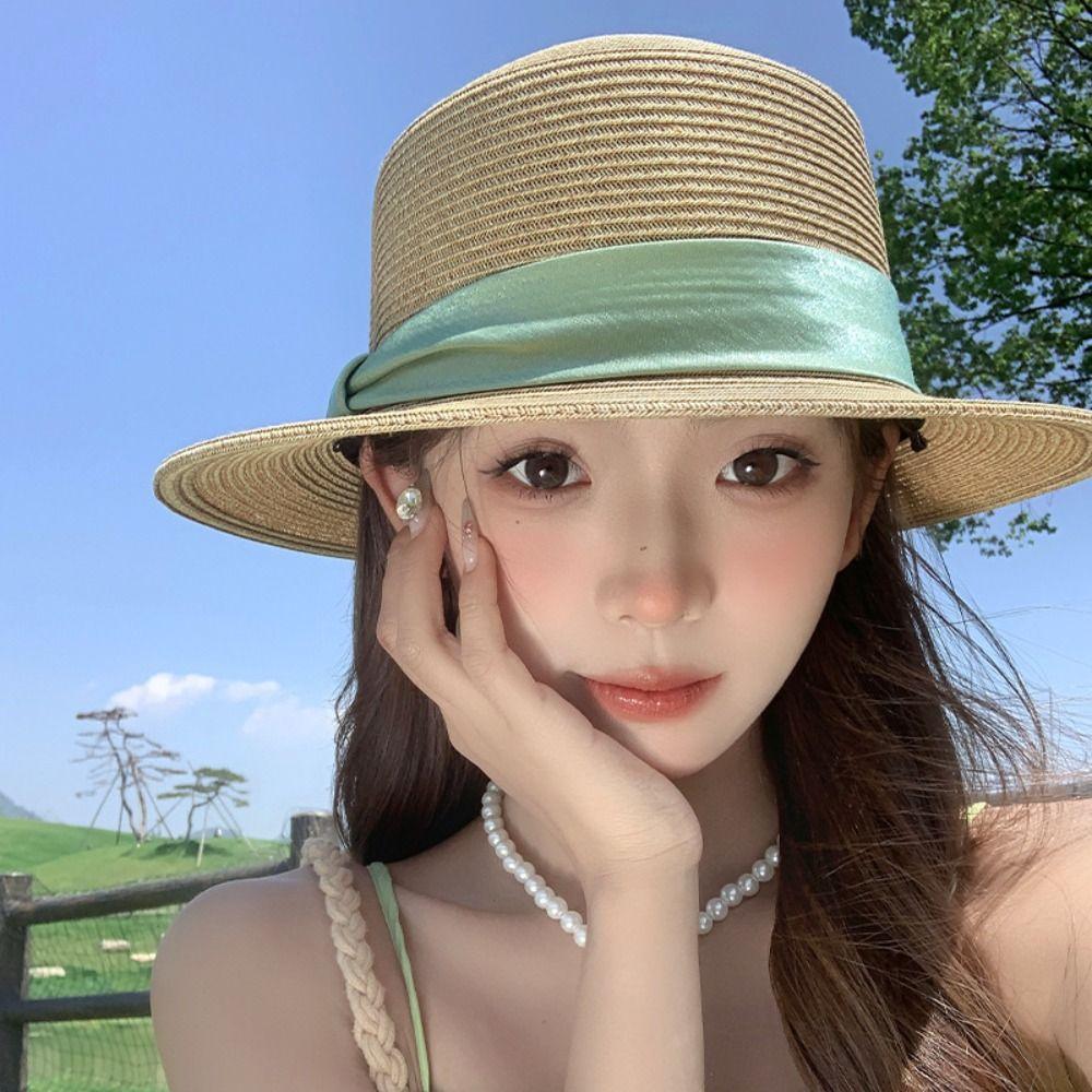 Elegant Beach Flat Top Hat French Style Women's Sun Hat Sunscreen Straw Woven Hat  Spring