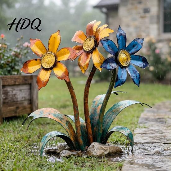 Blumen Yard Art Pfahl Retro Blumenbeet Pfahl Gealterte Metallskulptur Bunte Blumen Rustikale Dekoration Außen für Rasen Weg Eisen