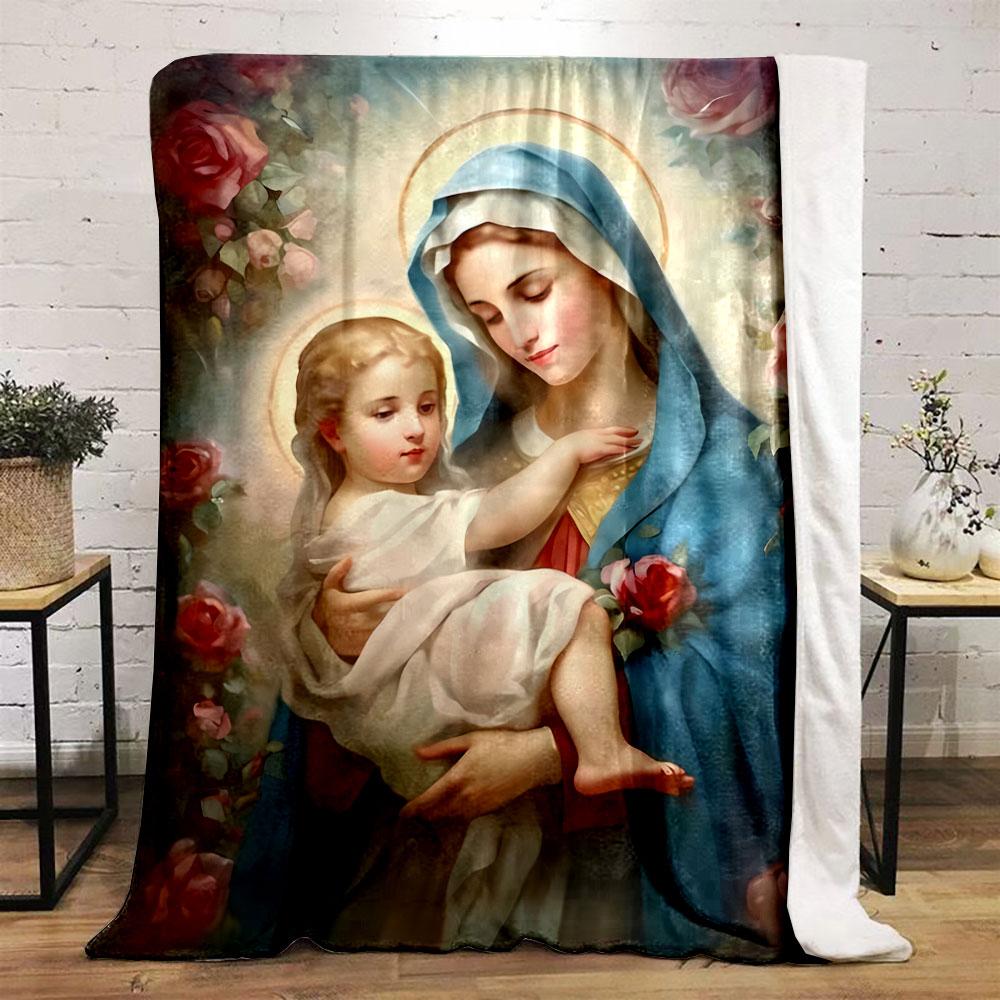 Virgin Mary Baby Jesus Roses Blanket  Printed Blanket for Living Room Bed Couch Lunch Break Soft Cozy Blanket for Friend's Festival Gift