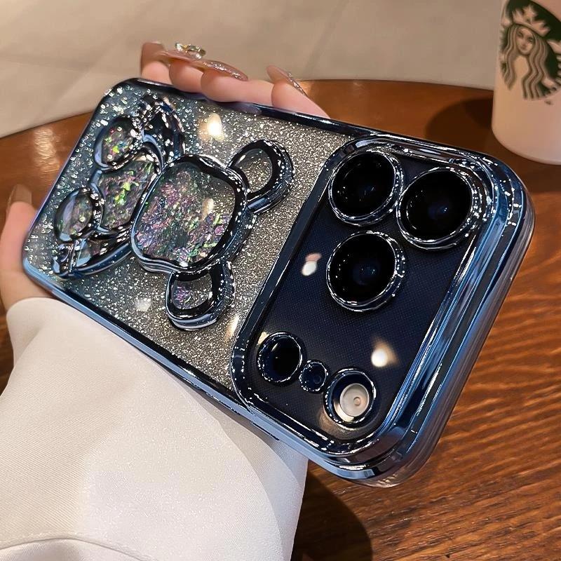 Niedliche Vergoldung Treibsand Bärenhülle für iPhone 17 16 15 14 13 12 11 Pro Max Plus Air Luxus Glitzer Bling Kameraschutzhülle