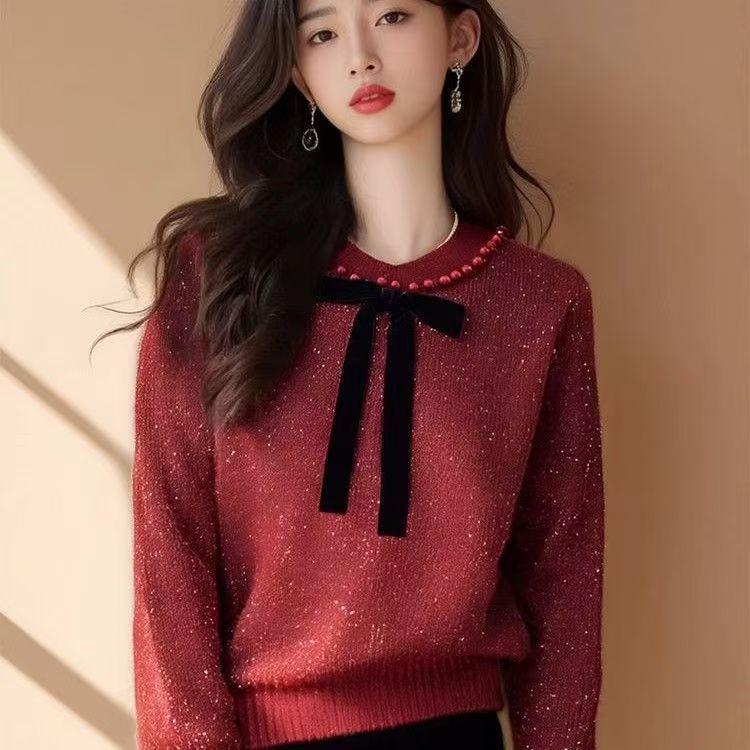 Women's Retro Beaded Bow Sparkly Knit Sweater - Long Sleeve, Thickened for Spring & Winter