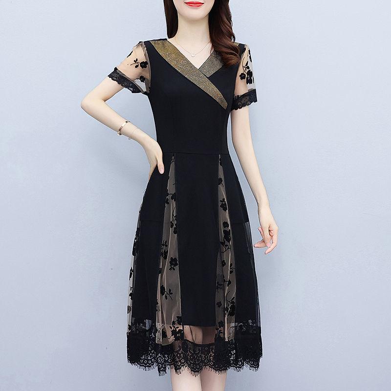 Summer V-neck Lace Dress Elegant Waist Tie Midi A-Line Dress Fashion Women Clothing