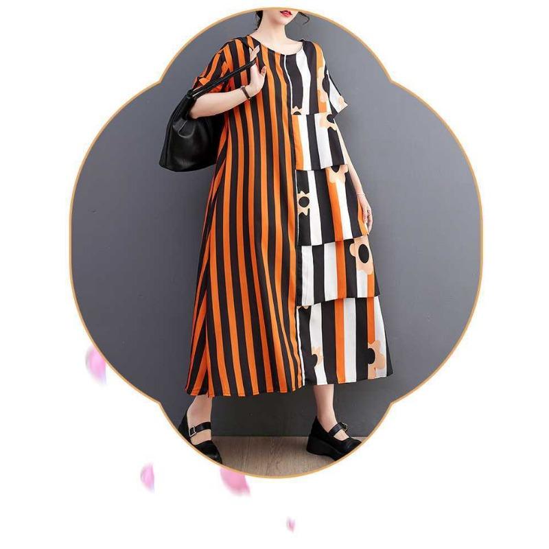 Robe Patchwork en Mousseline Rayée pour Femme, Ample, Décontractée, Jupe Mi-longue Tendance