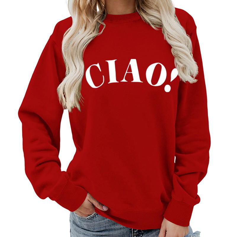 Ciao Print Round Neck Long Sleeve Plus Size Women's Hoodie - EU Size, Casual & Loose Fit