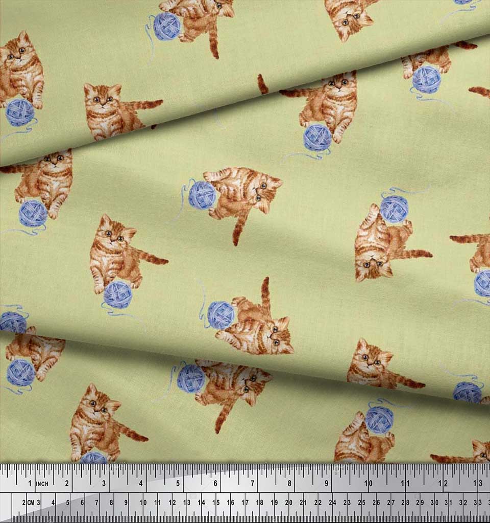 Soimoi Japan Crepe Satin Fabric Wool & Cat Animal Print Fabric by the Metre 42 Inch