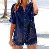 Women's loose printed stand collar short-sleeved cotton and linen top