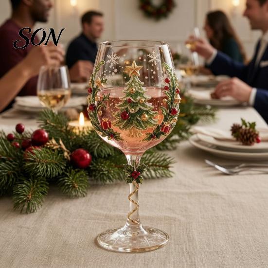 Glasbecher für Weihnachtsfeier Stielglas, Schneemann/WeihnachtsmannKranz/Elch/WeihnachtsbaumHandbemalt, Schneemannmuster Kelch Kreatives Stielglas Feiertag