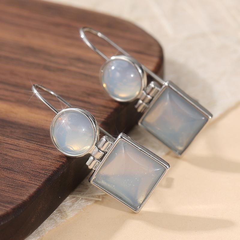 Silvery Geometry Inlaid Imitation Moonstone Dangle Earrings for Women Classic Elegant Pendant Jewelry Accessories Crafts