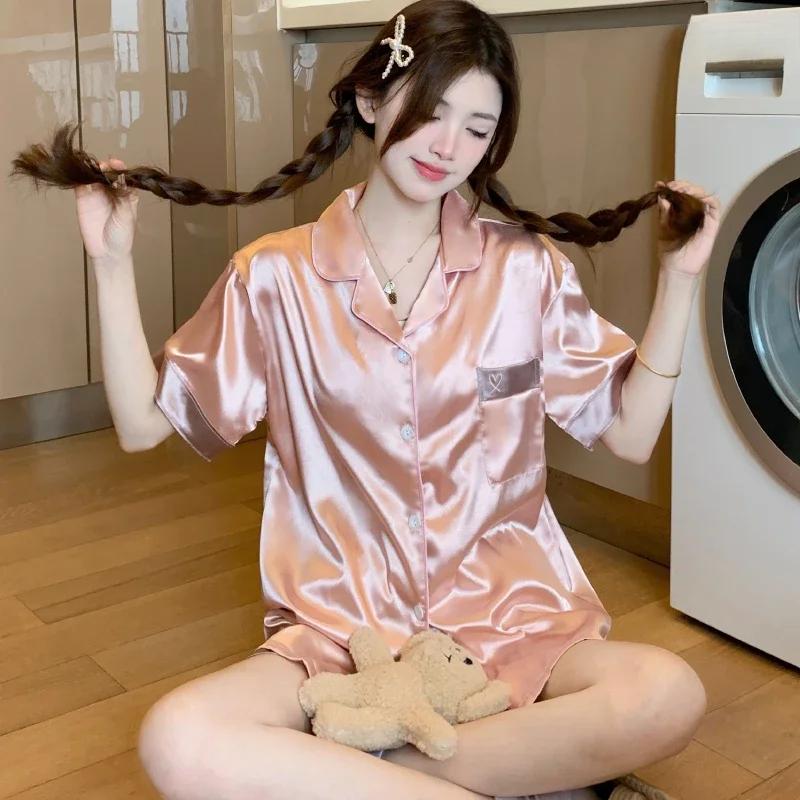 Romantic Heart Embroidery Simple Women's 2pc Pajamas Japan & Korean Ins Harajuku Female Nightwear New Summer Lady Sleepwear