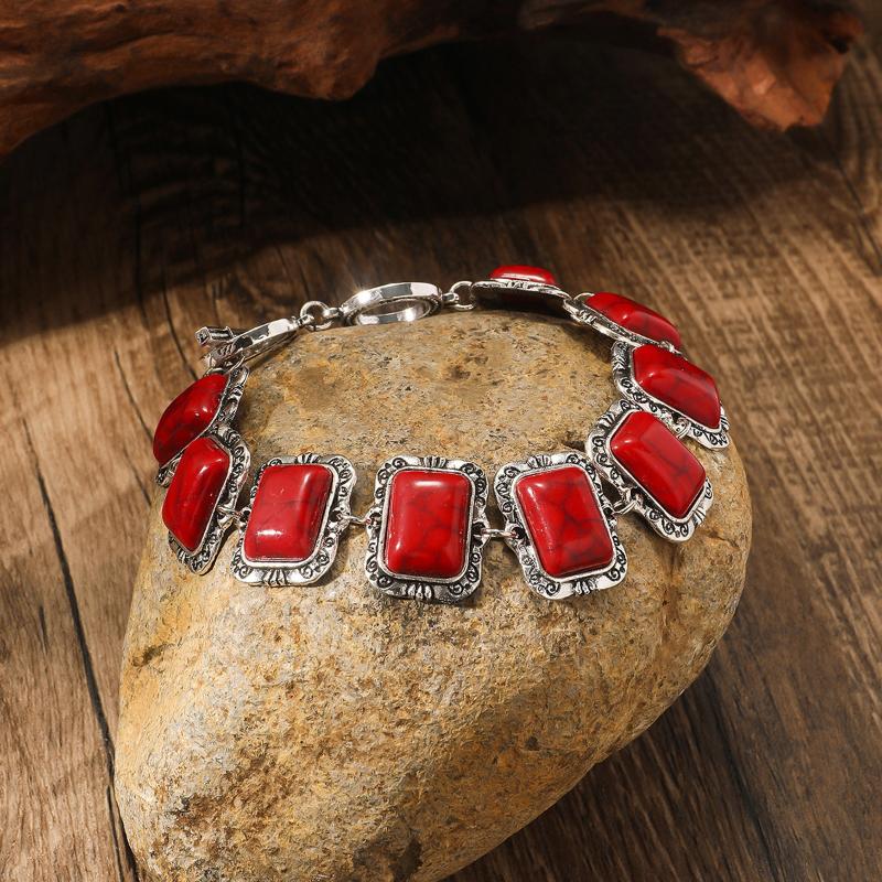 Retro Bohemian Ethnic Style Turquoise Personalized Geometric Carving Antique Silver Bracelet/Bangle For Women