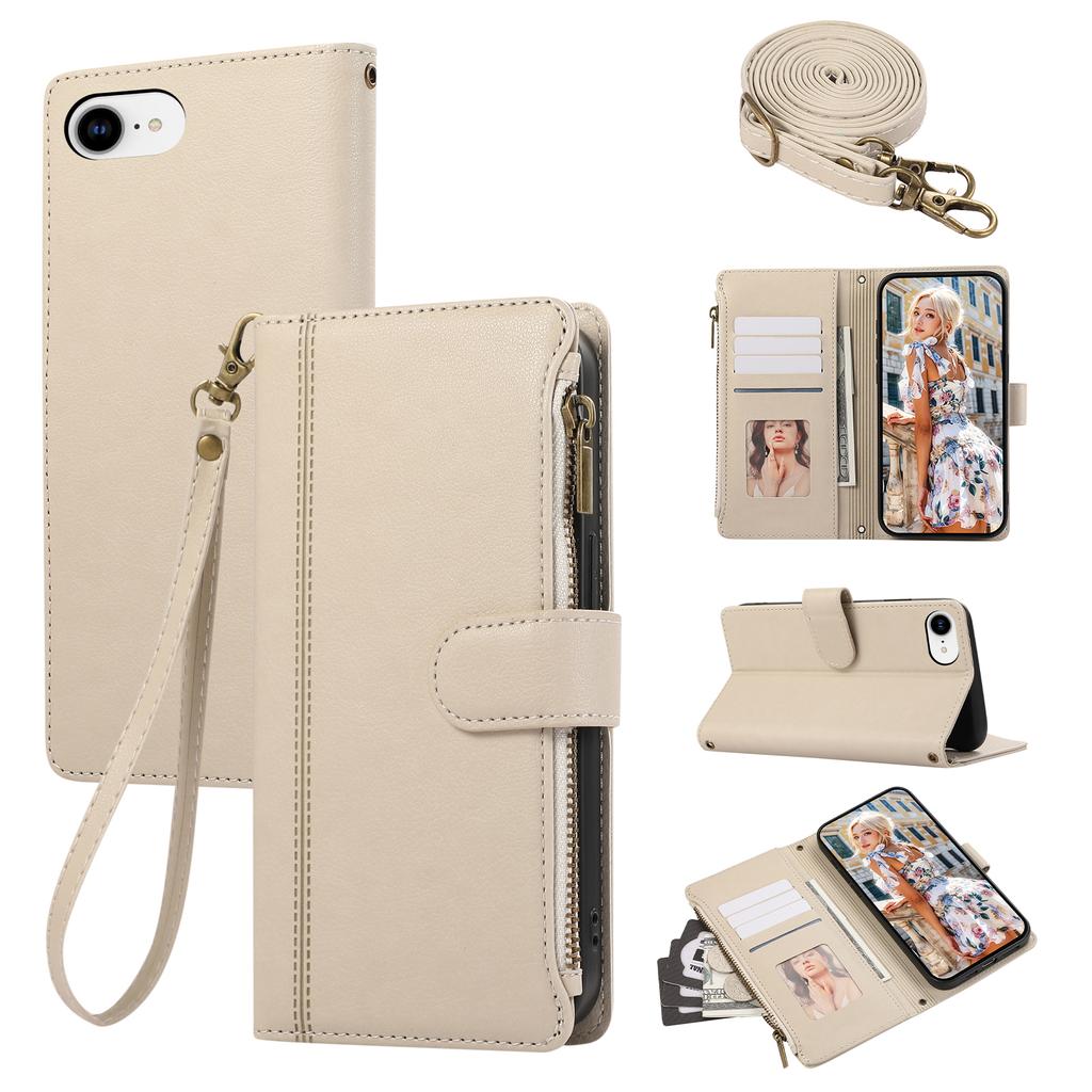 For iPhone 16e Case Multi Card Slots Zipper Leather Phone Cover with Shoulder Strap/Wrist Strap