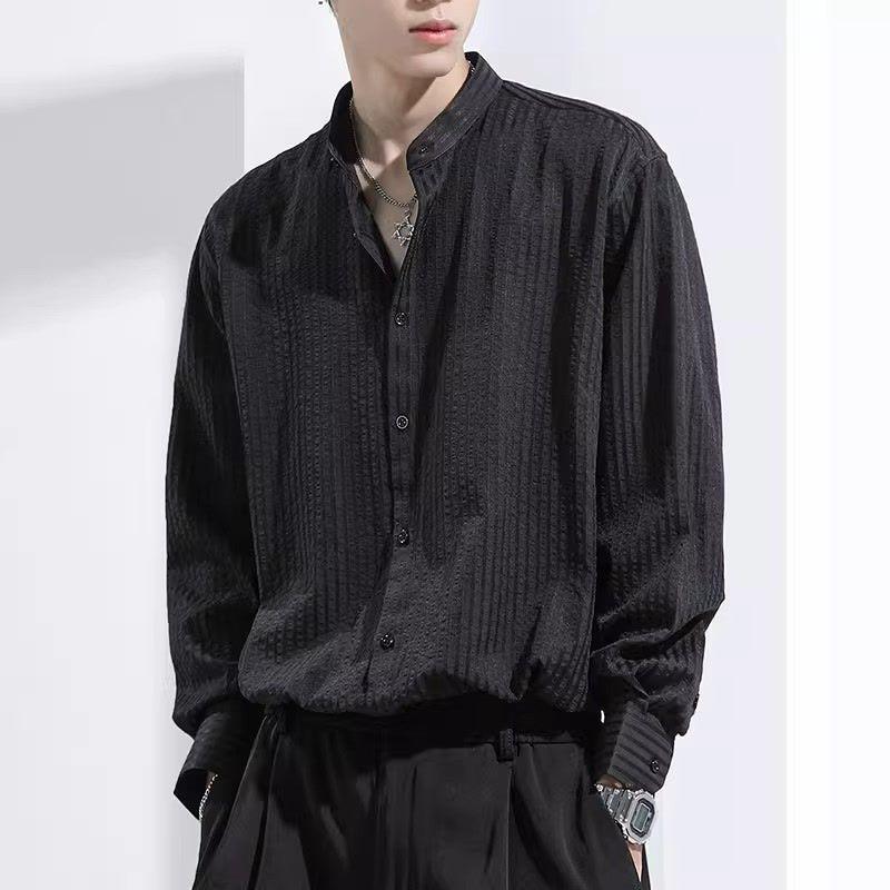 Style Bubble Puff Black Striped Long-sleeved Shirt Men's Spring and Autumn New Style High-end and Handsome Stand-up Collar