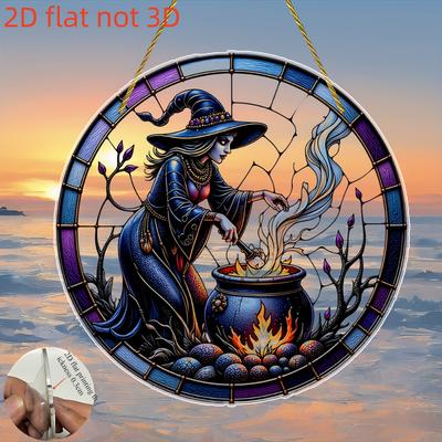2D Flat Retro Witch Pot Acrylic Pendant, 2D Flat Charming Witch Theme Decoration, Home Decoration, Suitable for Porches, Gardens, Indoor Halloween