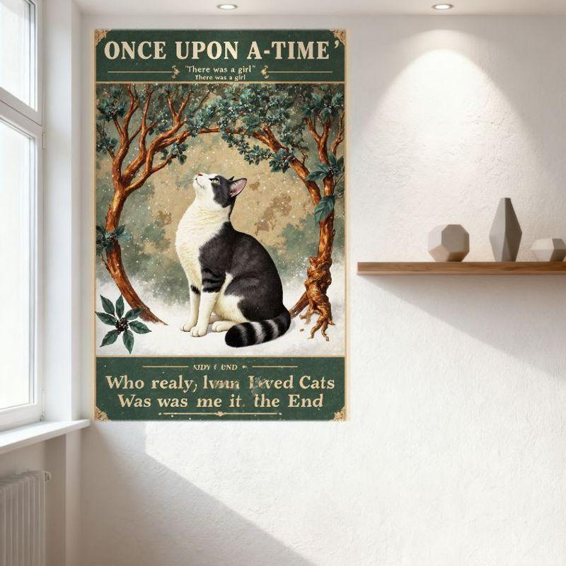 Vintage Once Upon a Time Fairy Tale Metal Sign, Black White Cat with Striped Tail, Winter Snowy Scene Tin Poster for Home Bar Ca