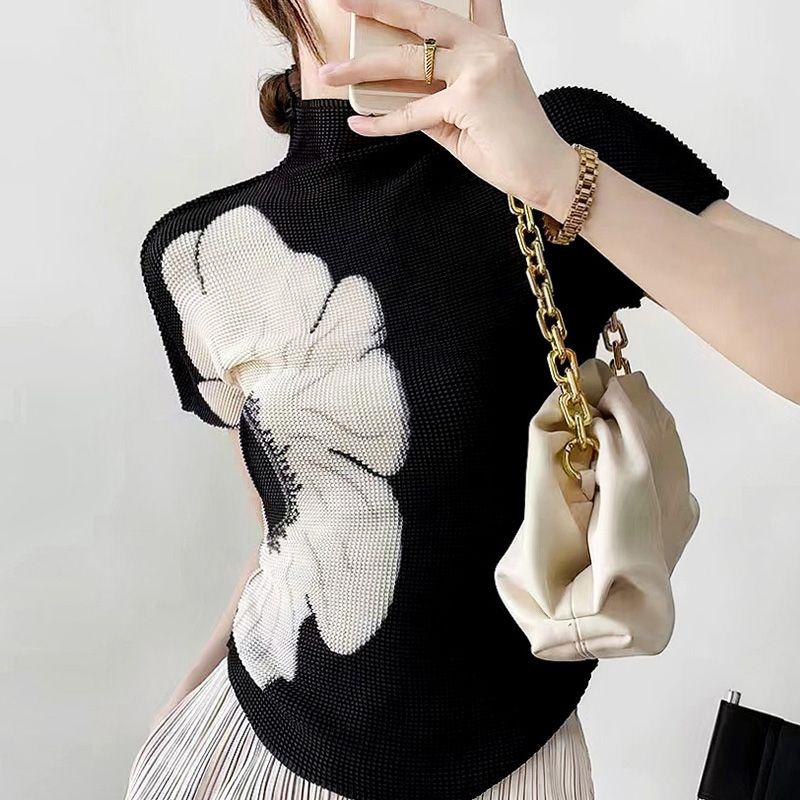 

Темпераментный Повседневный Полуводолазка Со сборками Облегающий Крупный Цветок Black M