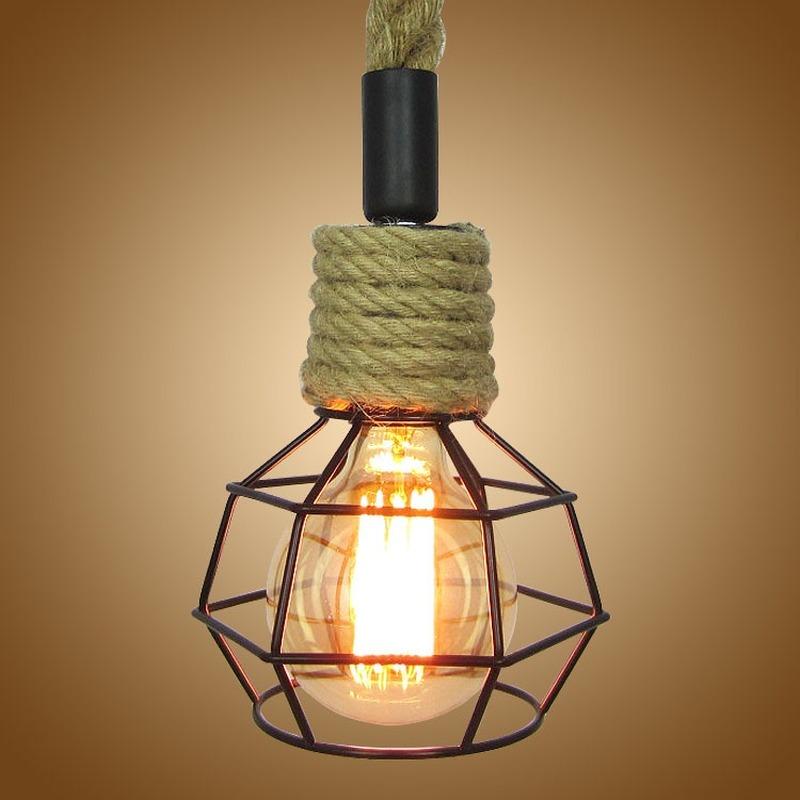 Creative Retro Hemp Rope Pendant Lamp Restaurant Bedroom Rope Lights Living Room Corridor Morden Iron Bird Cage Hanging