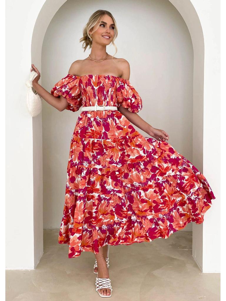 2024 Sommer Einseitiges Puffärmel Slim Langes Kleid