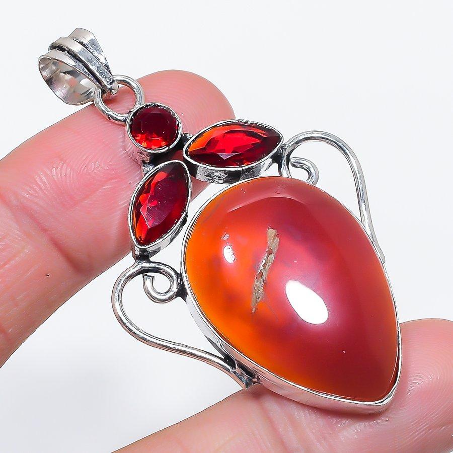 Natural Carnelian, Garnet 925 Sterling Silver Jewelry Pendant 2.40" r5a73