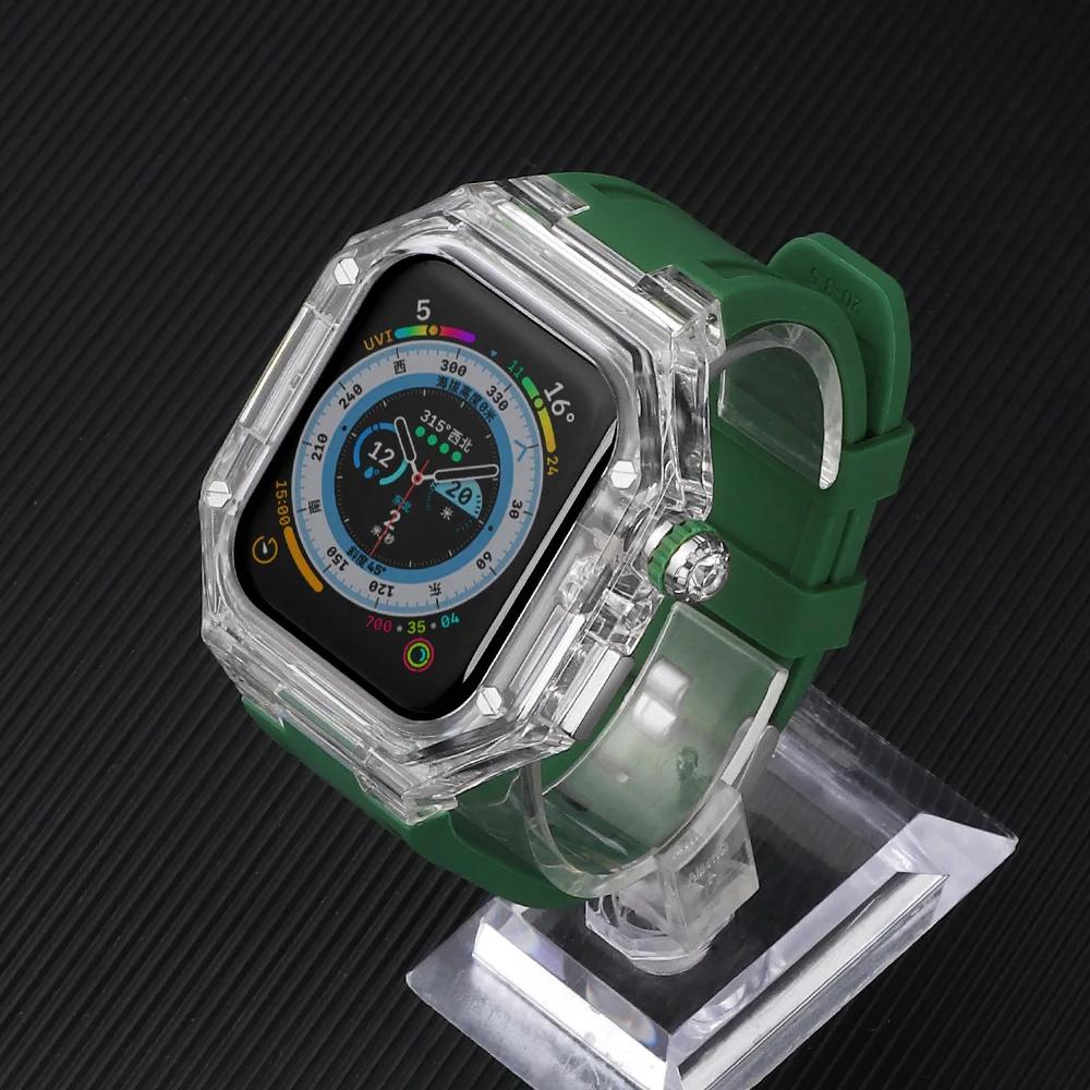 Silicone Strap+ Transparent Case for Apple Watch ultra2 49mm 44mm 45mm Sport Band Bezel for iwatch series 9 8 7 SE 6 5 4 Mod Kit