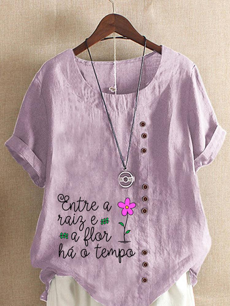 Women's Fashion Letter Print Casual Cotton Linen Short Sleeve Round Neck T-shirt Shirt Leisure Loose Summer Blouse Tops