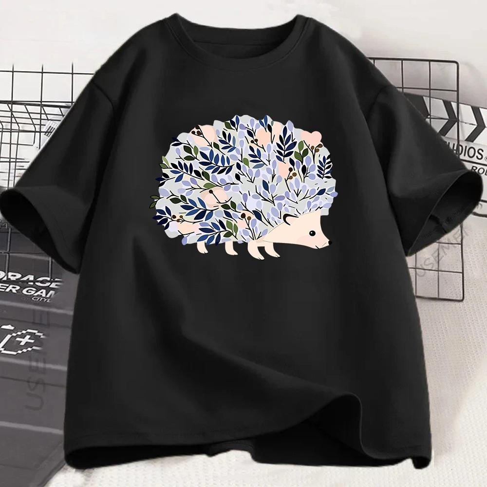 Cute Hedgehog Flower Graphic Tshirt Kawaii Animal Print Tee Summer Fashion Short Sleeve Harajuku Style Casual Top Girls