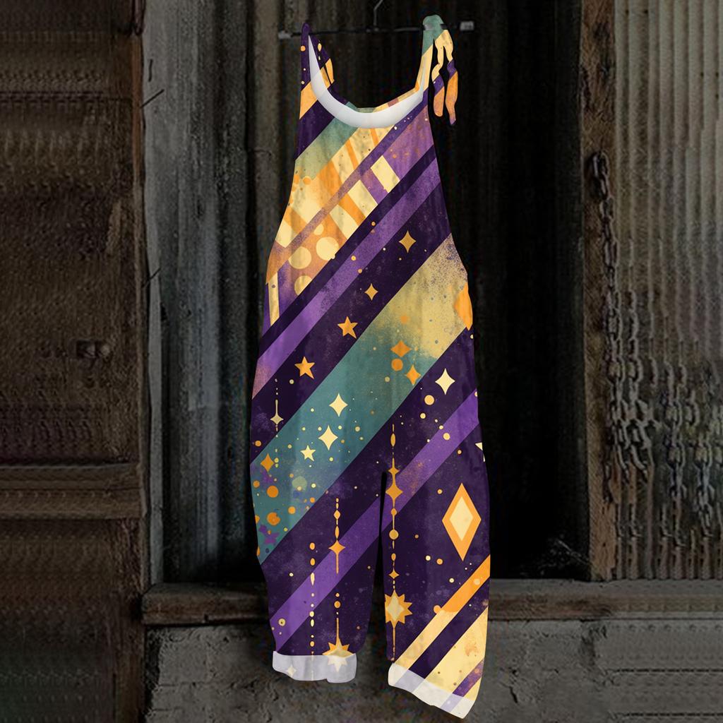 Women's Casual Jumpsuit Sleeveless Carnival Mask Print Loose Retro Overalls Jumpsuit