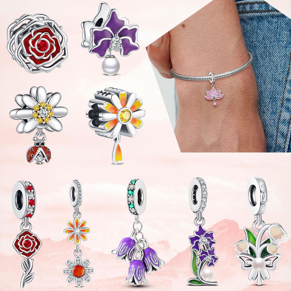 New Original Flower Pendant 925 Silver Rose Charm Fit Bracelet Diy For Women Elegant Bead Daily Wear Fine Gift