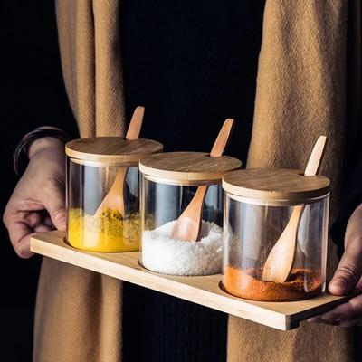 3pcs Set Glasses Seasoning Jars for Salt Pepper Spice  Candy Cookies Coffee Beans Organizer Bottle Wood Lid Container with Lid