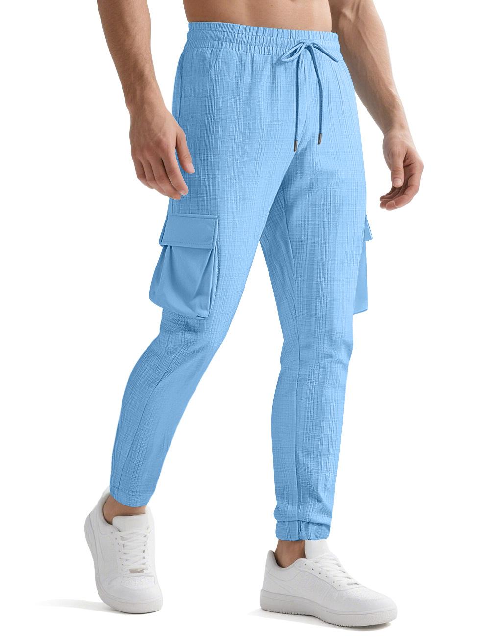 

New European and American Fashion Overalls Sports and Leisure Personalized Trend Drawstring Multi-pocket Trousers Men XXXL небо синє кольору