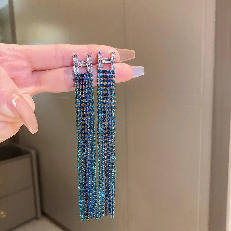 Exaggerated Blue Rhinestone Zircon Women's Earrings Long Chain Tassel Alphabet Triangle Shaped Earring Luxury Wedding Jewelry