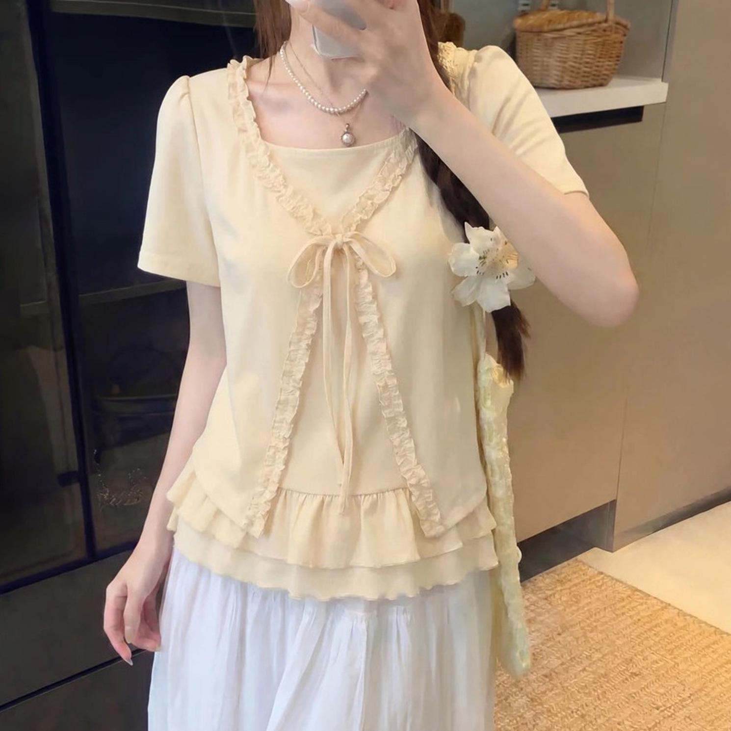 Plus Size Chubby Girls  French Ruffle Edge Short Sleeve Summer Faux Two-Piece Slimming T-Shirt 3XL