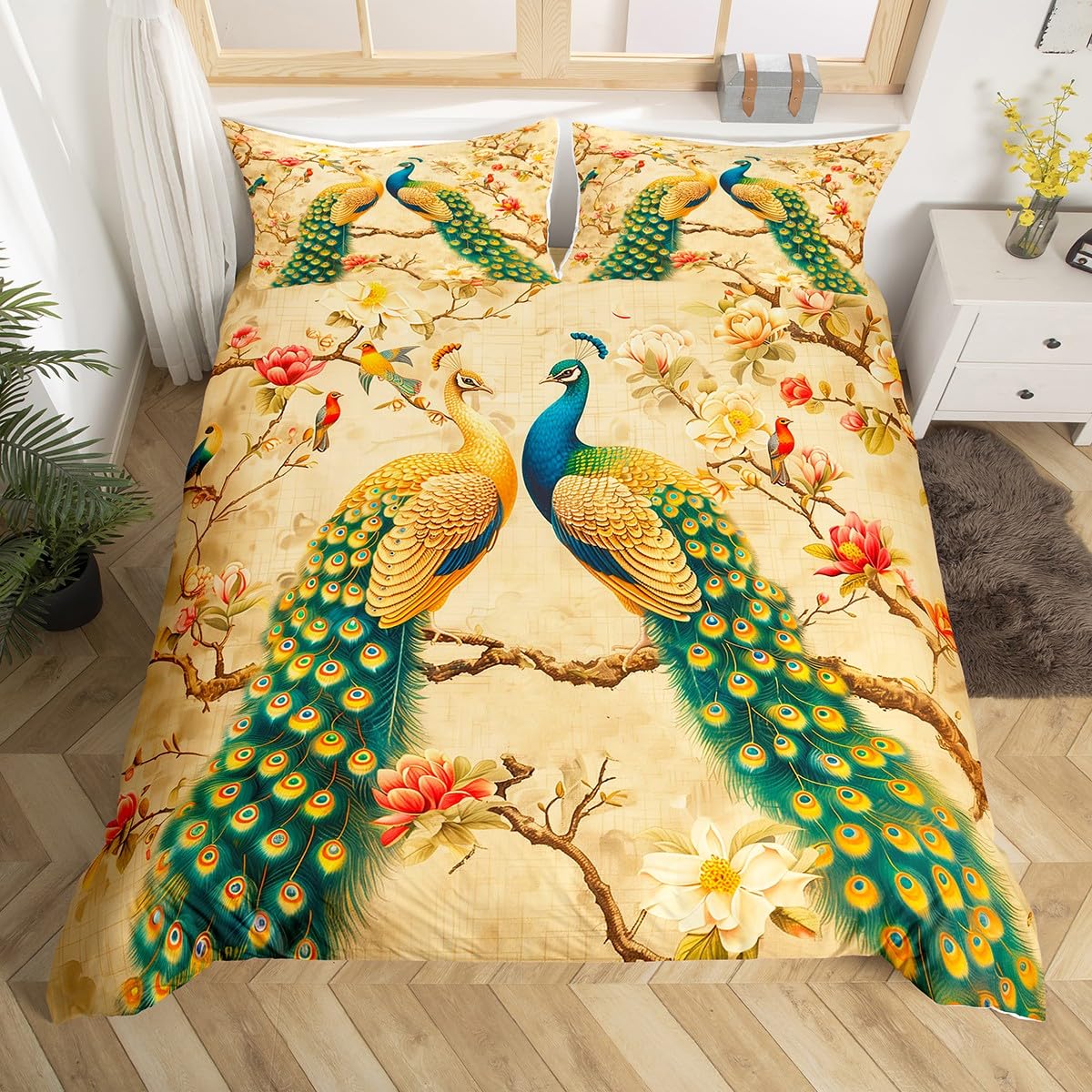 

Peacock Duvet Cover Twin Full Queen King Chinese Style Peach Blossom Flowers Retro Bedding Set Wild Animal Print Comforter Cover EU Single(135x200cm)