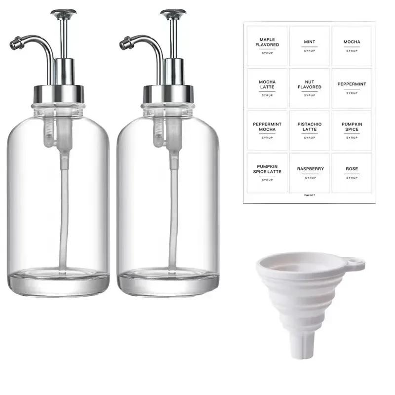 Coffee Syrup Dispenser Set 500ml Glass Syrup Bottle with Funnel Label Stickers Clear Coffee Syrup Container Pump Dispensers